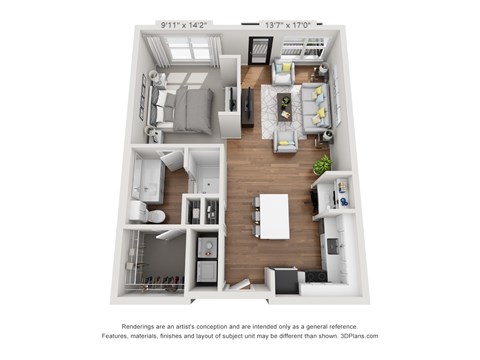 Floor plan for 1 bed, 1 bath, 716 sqft